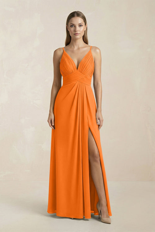 V - Neck A - Line Pleated Chiffon Bridesmaid Dress in Cinnamon - SHE IS ME Bridesmaid Dresses
