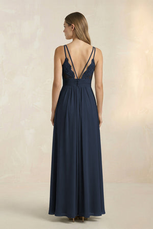 V - Neck A - Line Pleated Chiffon Bridesmaid Dress in Dark Navy - SHE IS ME Bridesmaid Dresses