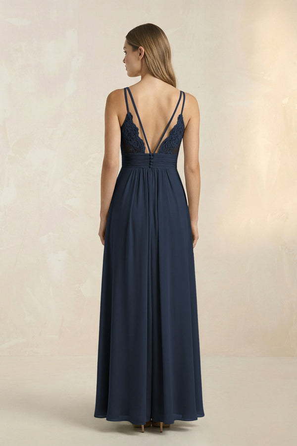 V - Neck A - Line Pleated Chiffon Bridesmaid Dress in Dark Navy - SHE IS ME Bridesmaid Dresses