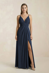 V - Neck A - Line Pleated Chiffon Bridesmaid Dress in Dark Navy - KISS BRIDAL Bridesmaid Dresses