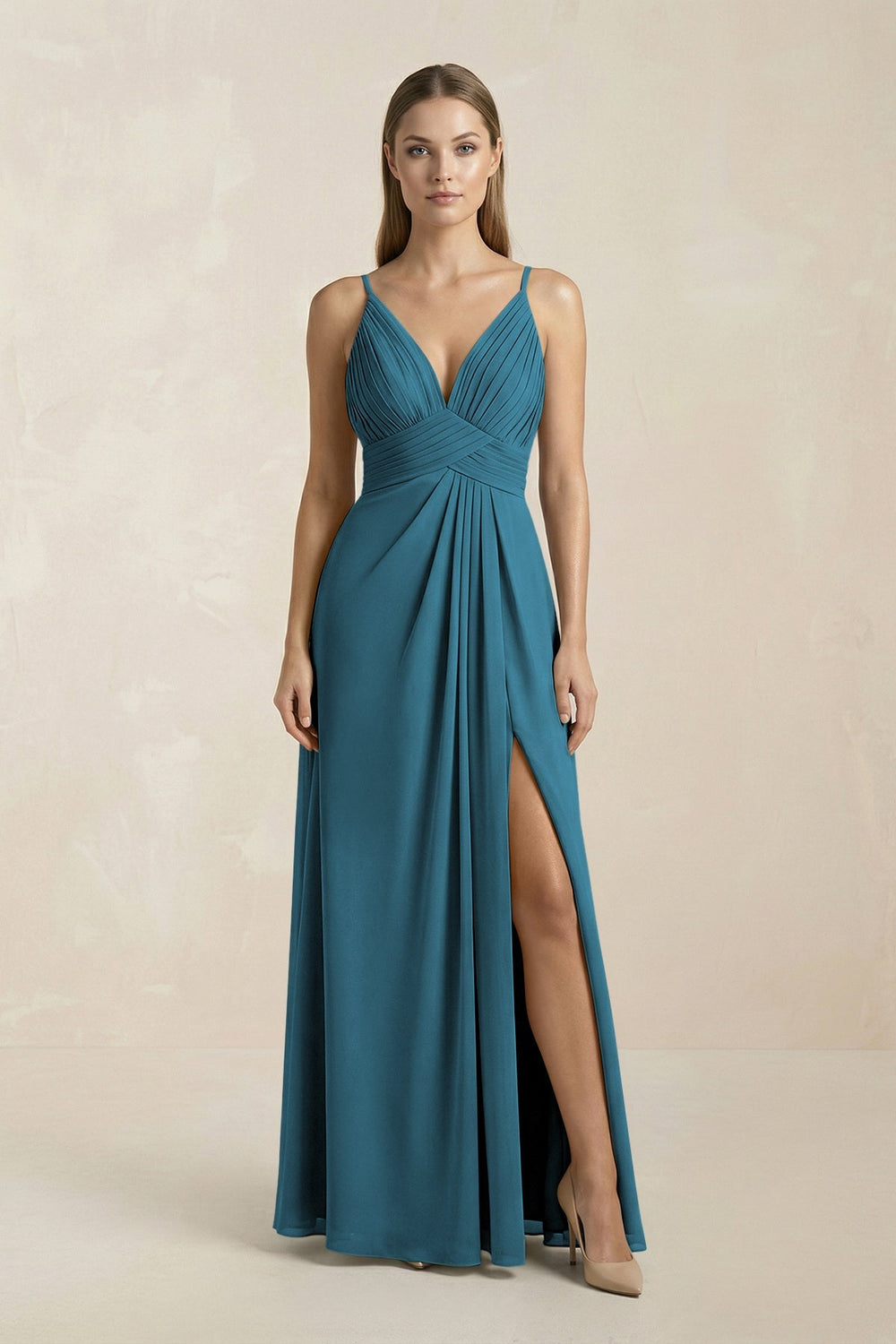 V - Neck A - Line Pleated Chiffon Bridesmaid Dress in Dark Teal - KISS BRIDAL Bridesmaid Dresses