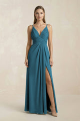 V - Neck A - Line Pleated Chiffon Bridesmaid Dress in Dark Teal - KISS BRIDAL Bridesmaid Dresses