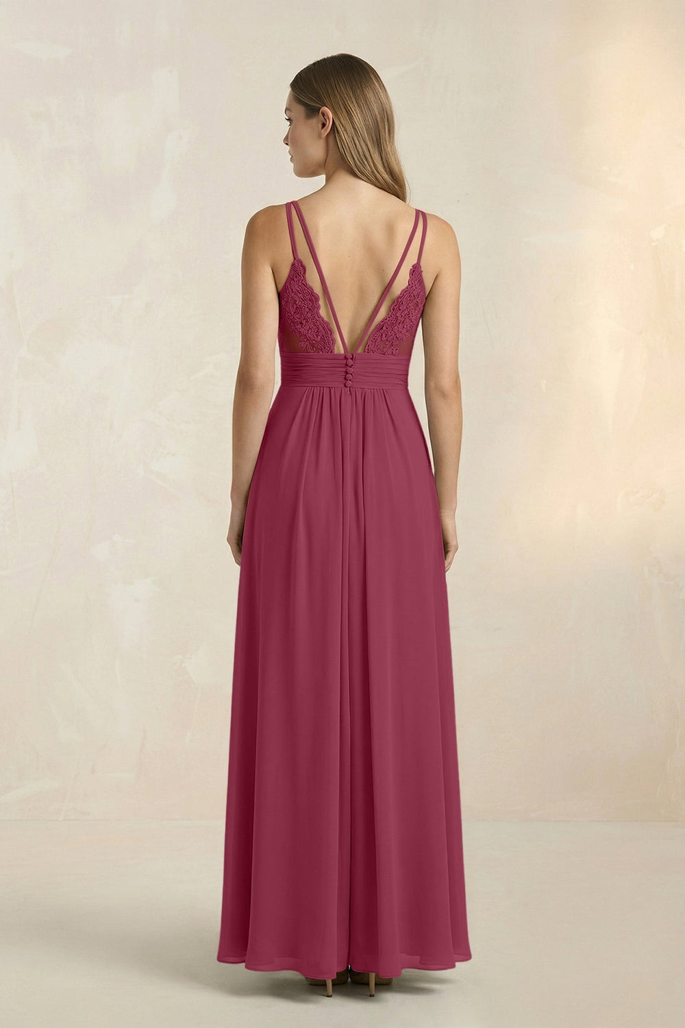 V - Neck A - Line Pleated Chiffon Bridesmaid Dress in Desert Rose - KISS BRIDAL Bridesmaid Dresses