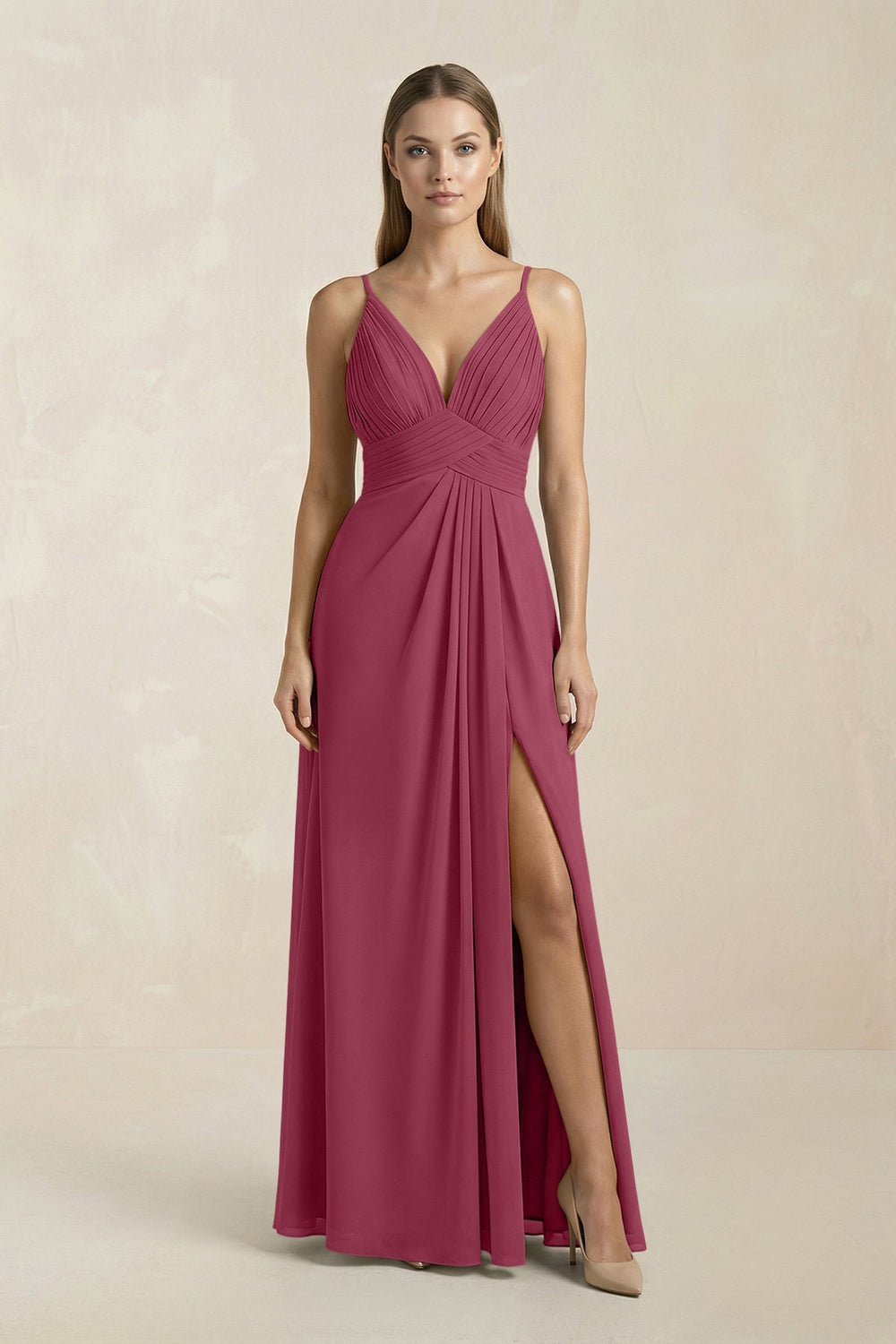 V - Neck A - Line Pleated Chiffon Bridesmaid Dress in Desert Rose - KISS BRIDAL Bridesmaid Dresses