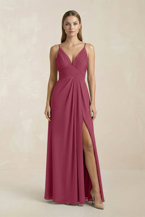V - Neck A - Line Pleated Chiffon Bridesmaid Dress in Desert Rose - SHE IS ME Bridesmaid Dresses