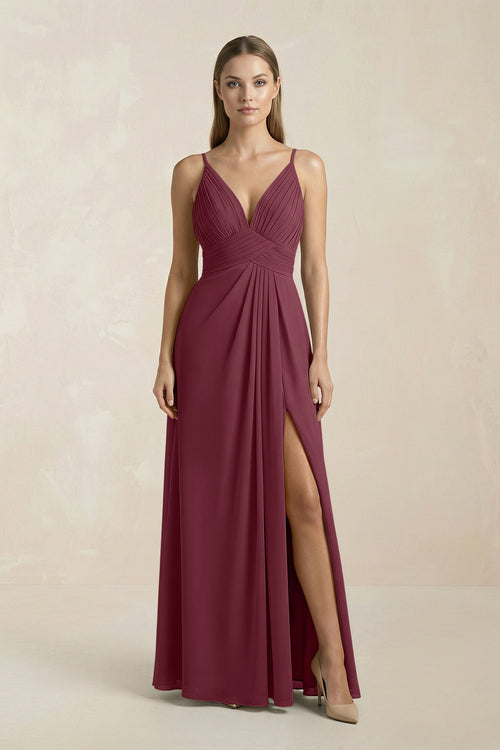 V-Neck A-Line Pleated Chiffon Bridesmaid Dress in Desert Rose | KISSBRIDAL
