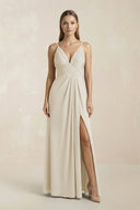 V - Neck A - Line Pleated Chiffon Bridesmaid Dress in Dove Gray - SHE IS ME Bridesmaid Dresses
