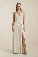 V - Neck A - Line Pleated Chiffon Bridesmaid Dress in Dove Gray - KISS BRIDAL Bridesmaid Dresses