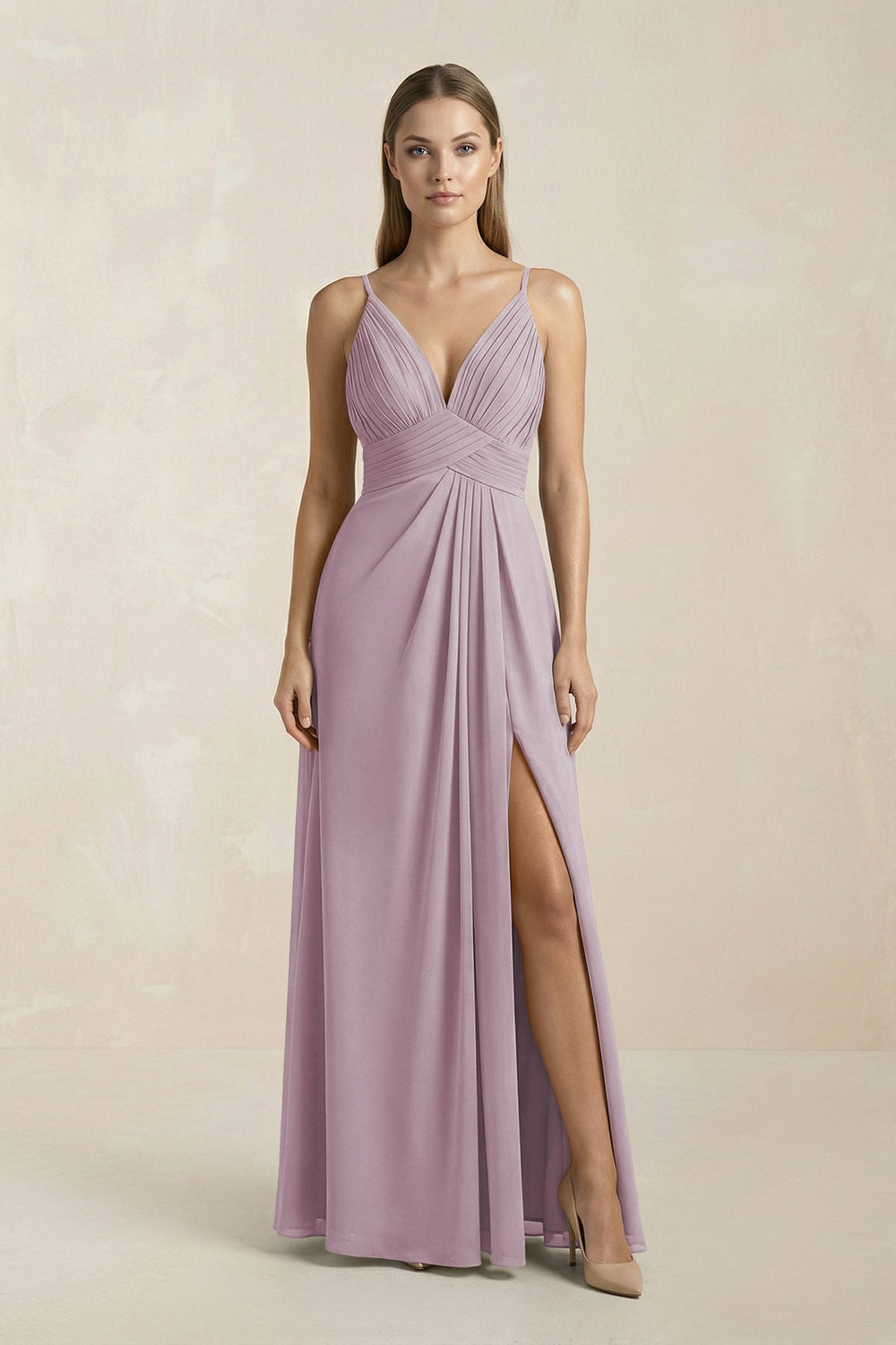 V - Neck A - Line Pleated Chiffon Bridesmaid Dress in Dusk - KISS BRIDAL Bridesmaid Dresses