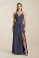 V - Neck A - Line Pleated Chiffon Bridesmaid Dress in Dusk Blue - SHE IS ME Bridesmaid Dresses