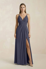 V - Neck A - Line Pleated Chiffon Bridesmaid Dress in Dusk Blue - KISS BRIDAL Bridesmaid Dresses