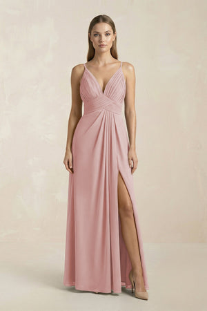 V - Neck A - Line Pleated Chiffon Bridesmaid Dress in Dusty Rose - SHE IS ME Bridesmaid Dresses
