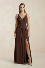 V - Neck A - Line Pleated Chiffon Bridesmaid Dress in Espresso - KISS BRIDAL Bridesmaid Dresses