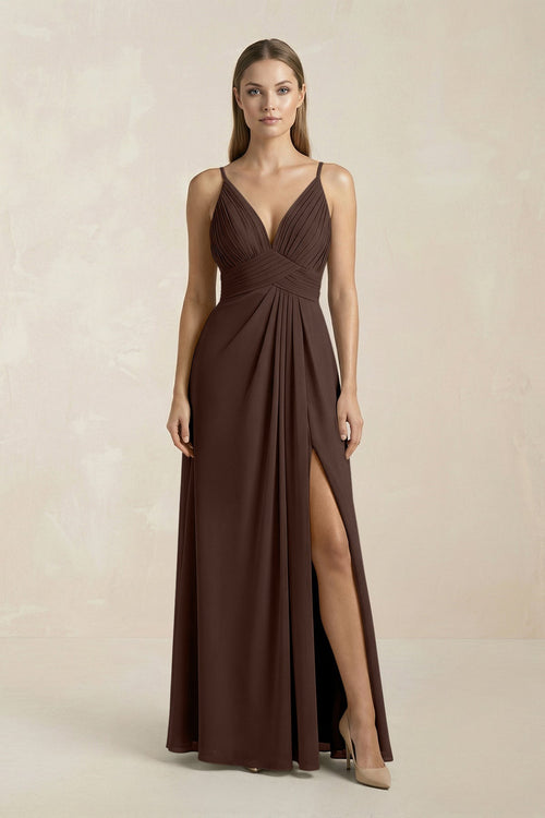 V - Neck A - Line Pleated Chiffon Bridesmaid Dress in Espresso - SHE IS ME Bridesmaid Dresses