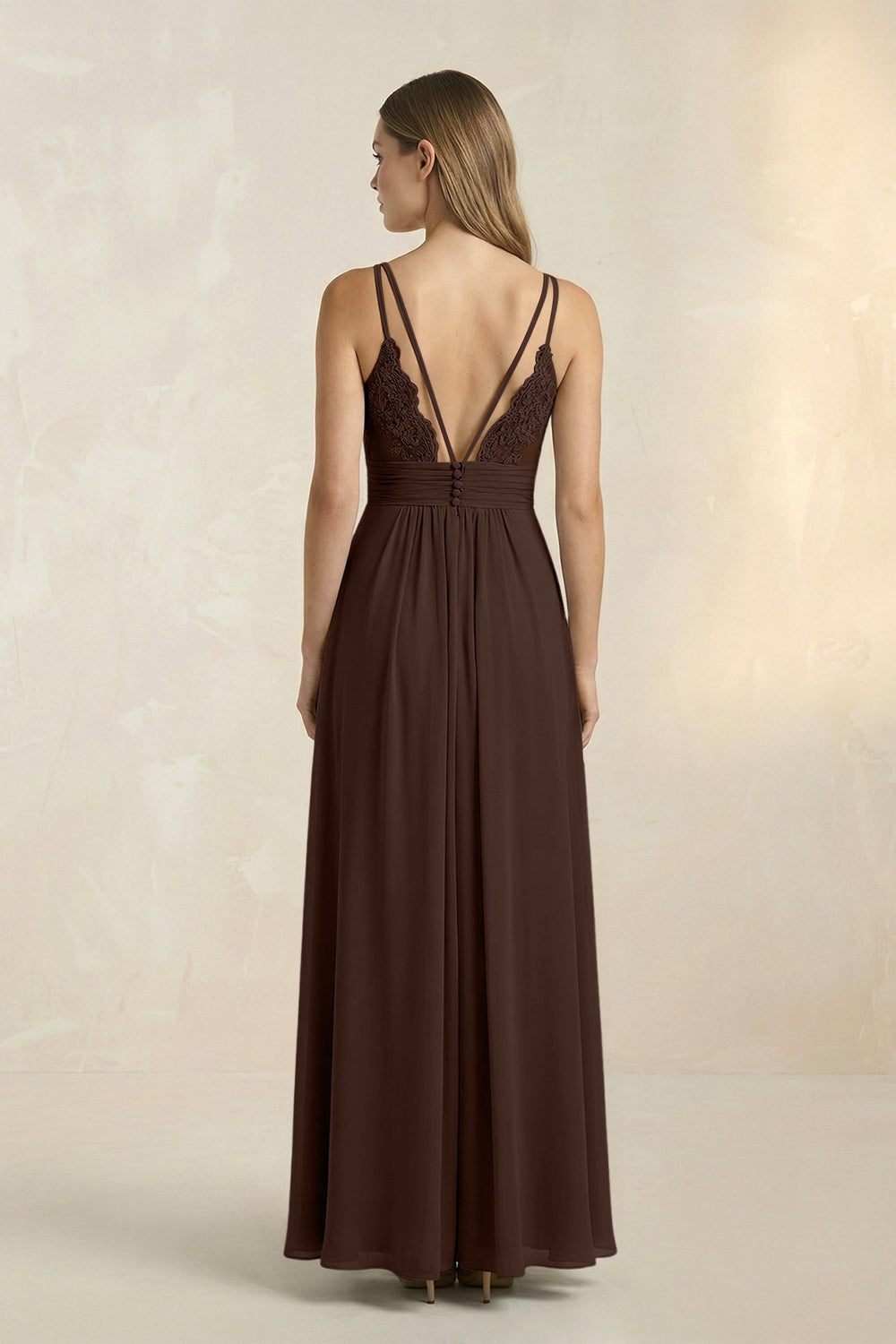 V - Neck A - Line Pleated Chiffon Bridesmaid Dress in Espresso - KISS BRIDAL Bridesmaid Dresses
