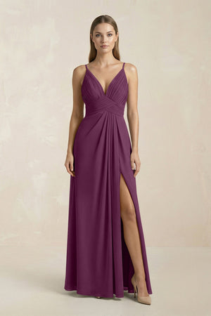 V - Neck A - Line Pleated Chiffon Bridesmaid Dress in Fig - SHE IS ME Bridesmaid Dresses