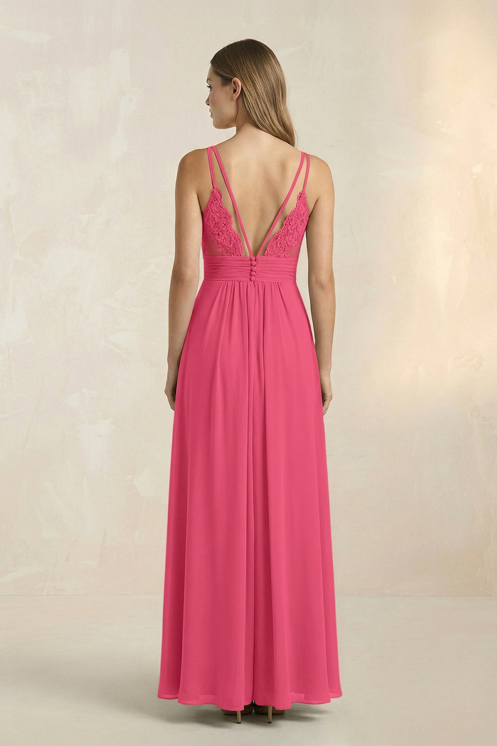 V - Neck A - Line Pleated Chiffon Bridesmaid Dress in Fuchsia - KISS BRIDAL Bridesmaid Dresses