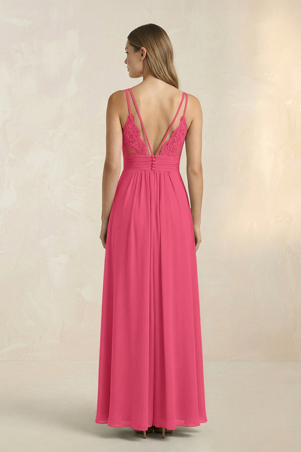 V - Neck A - Line Pleated Chiffon Bridesmaid Dress in Fuchsia - SHE IS ME Bridesmaid Dresses