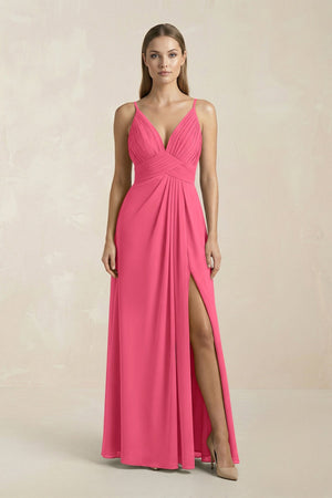 V - Neck A - Line Pleated Chiffon Bridesmaid Dress in Fuchsia - SHE IS ME Bridesmaid Dresses