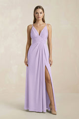 V - Neck A - Line Pleated Chiffon Bridesmaid Dress in Lavender - KISS BRIDAL Bridesmaid Dresses