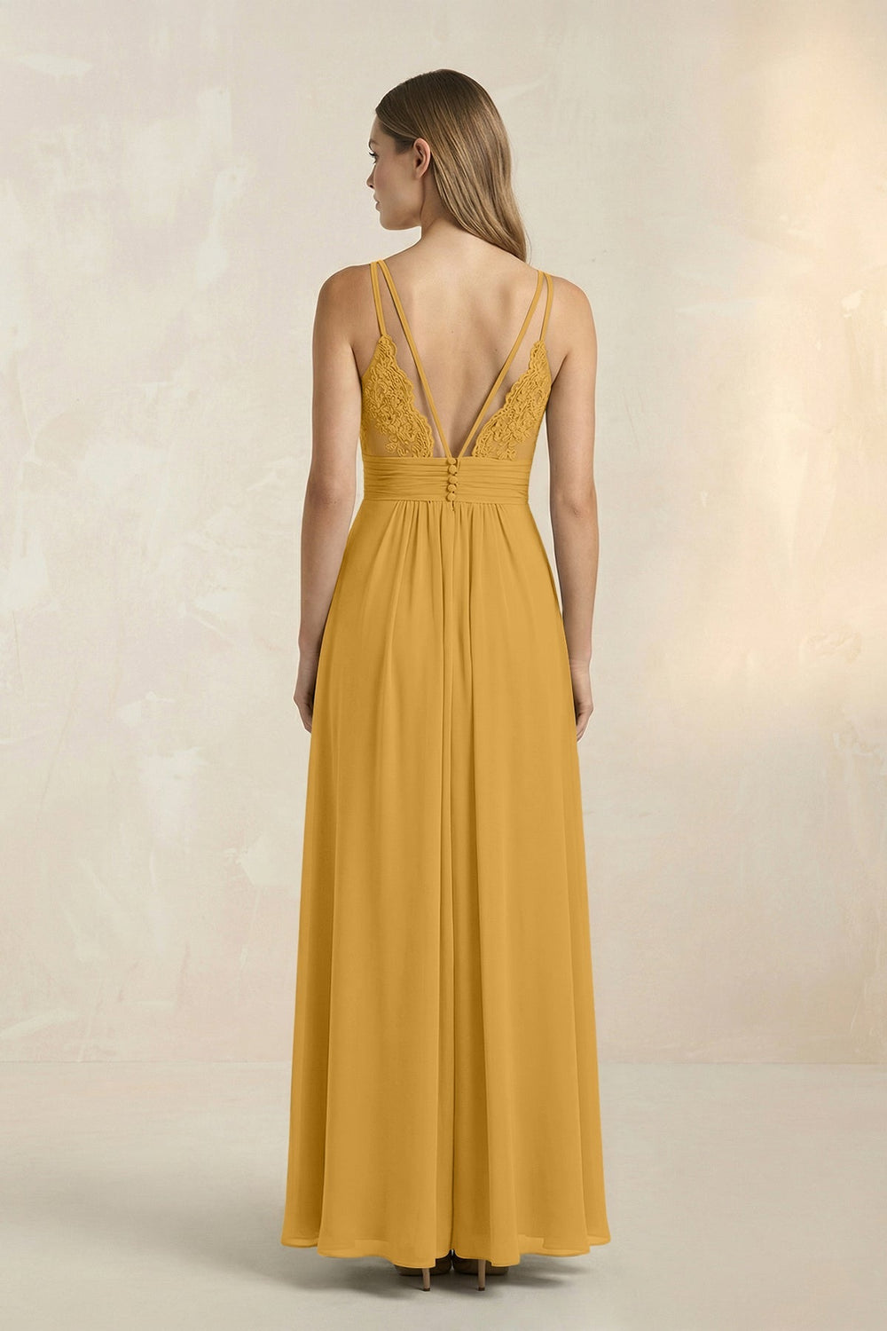 V - Neck A - Line Pleated Chiffon Bridesmaid Dress in Marigold - KISS BRIDAL Bridesmaid Dresses