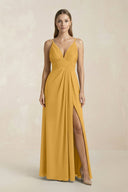 V - Neck A - Line Pleated Chiffon Bridesmaid Dress in Marigold - SHE IS ME Bridesmaid Dresses