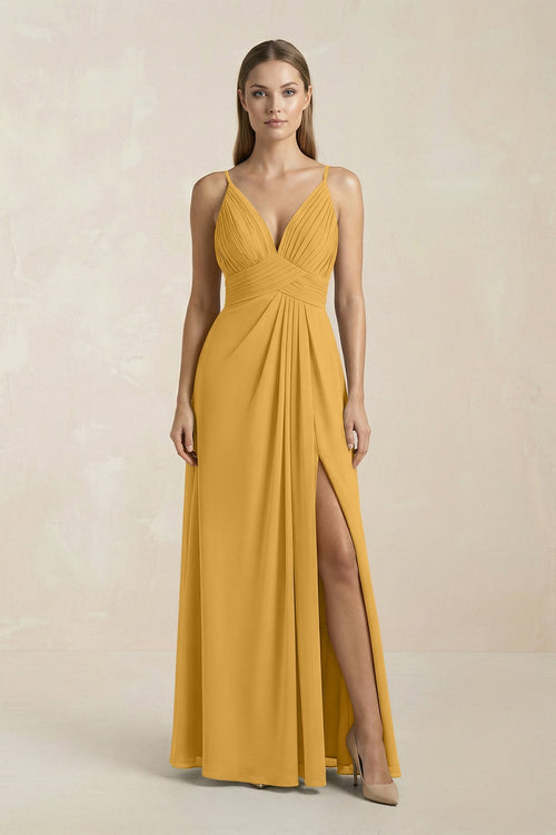 V - Neck A - Line Pleated Chiffon Bridesmaid Dress in Marigold - SHE IS ME Bridesmaid Dresses
