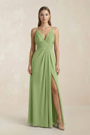 V - Neck A - Line Pleated Chiffon Bridesmaid Dress in Matcha - SHE IS ME Bridesmaid Dresses