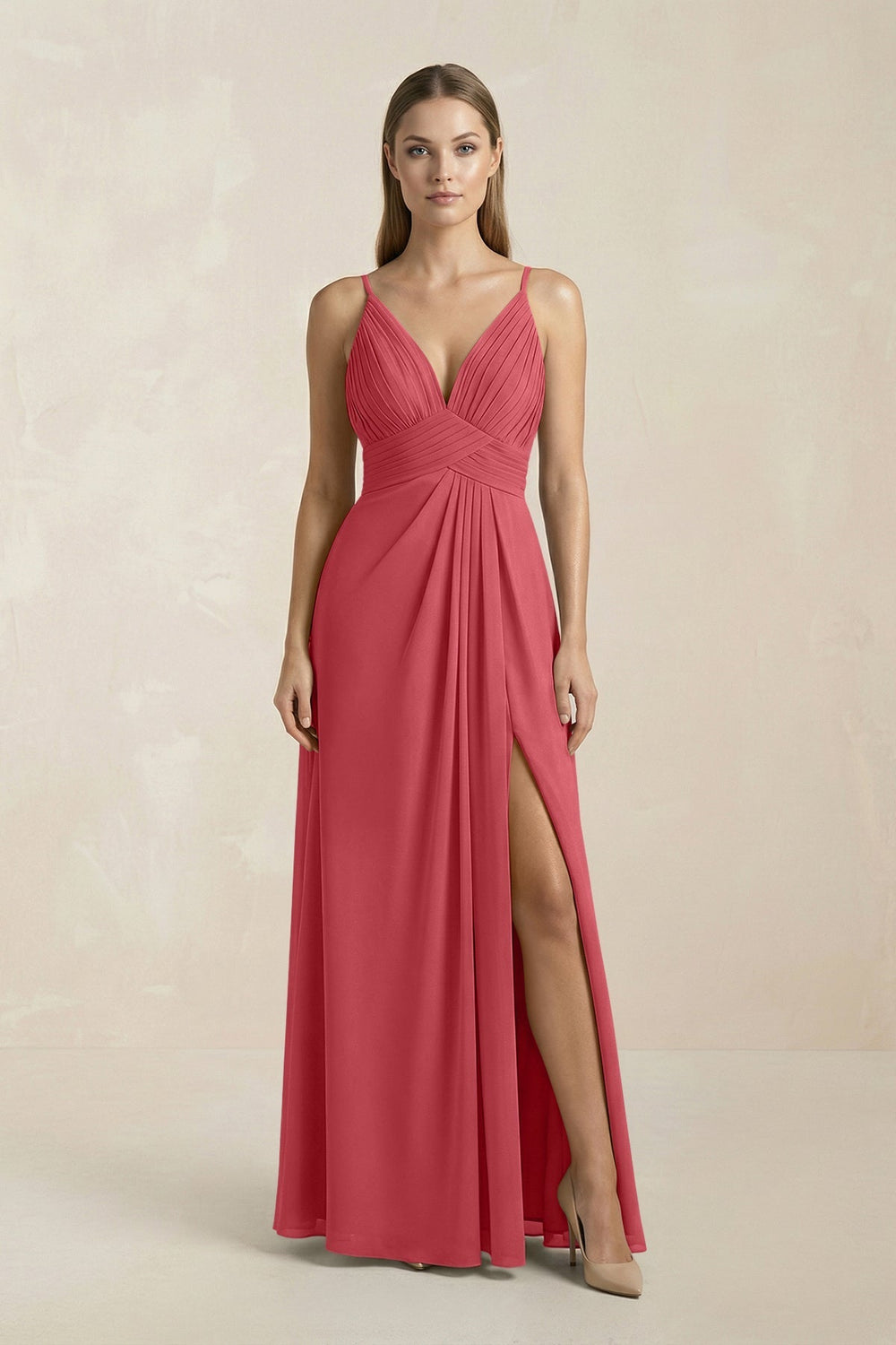 V - Neck A - Line Pleated Chiffon Bridesmaid Dress in Merlot - KISS BRIDAL Bridesmaid Dresses