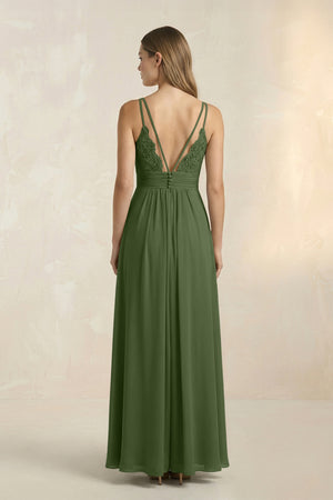 V-Neck A-Line Pleated Chiffon Bridesmaid Dress in Moss (2) | KISSBRIDAL
