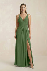 V - Neck A - Line Pleated Chiffon Bridesmaid Dress in Moss - KISS BRIDAL Bridesmaid Dresses