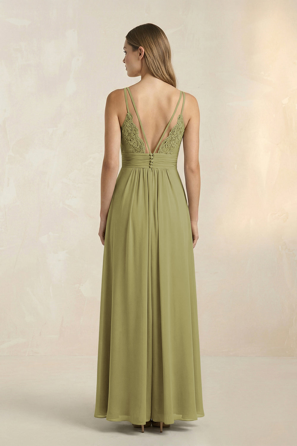 V-Neck A-Line Pleated Chiffon Bridesmaid Dress in Moss Green