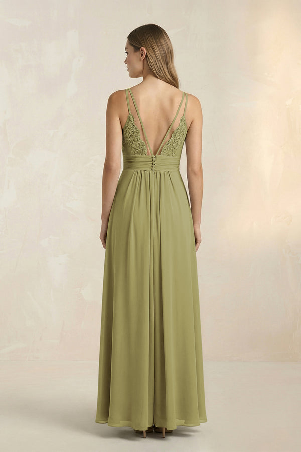 V-Neck A-Line Pleated Chiffon Bridesmaid Dress in Moss Green (2) | KISSBRIDAL