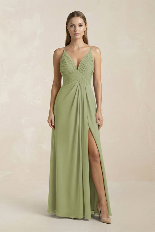 V - Neck A - Line Pleated Chiffon Bridesmaid Dress in Moss Green - SHE IS ME Bridesmaid Dresses