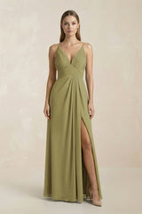 V-Neck A-Line Pleated Chiffon Bridesmaid Dress in Moss Green | KISSBRIDAL