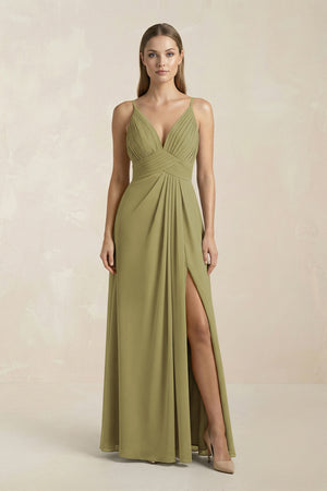 V-Neck A-Line Pleated Chiffon Bridesmaid Dress in Moss Green | KISSBRIDAL