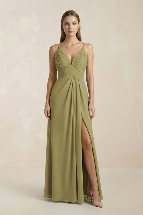 V-Neck A-Line Pleated Chiffon Bridesmaid Dress in Moss Green | KISSBRIDAL