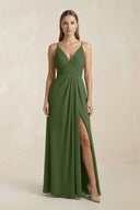 V-Neck A-Line Pleated Chiffon Bridesmaid Dress in Moss | KISSBRIDAL