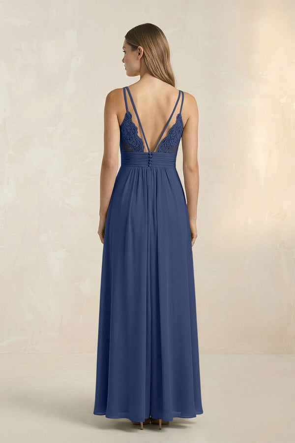 V - Neck A - Line Pleated Chiffon Bridesmaid Dress in Navy - SHE IS ME Bridesmaid Dresses