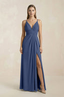 V - Neck A - Line Pleated Chiffon Bridesmaid Dress in Navy - SHE IS ME Bridesmaid Dresses
