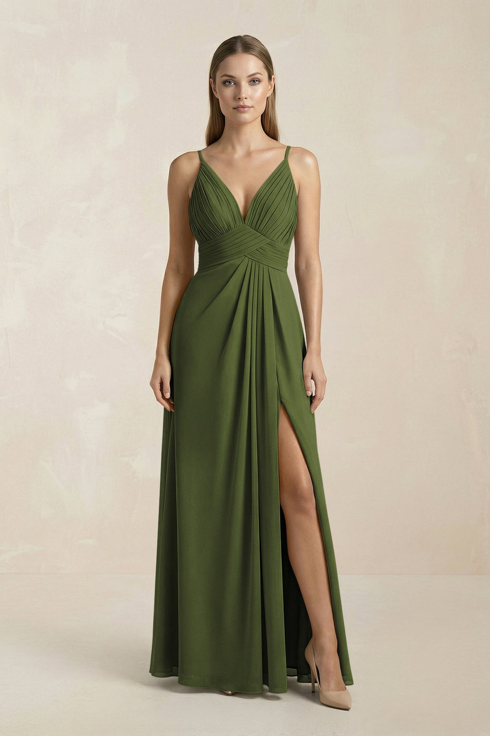 V - Neck A - Line Pleated Chiffon Bridesmaid Dress in Olive - KISS BRIDAL Bridesmaid Dresses