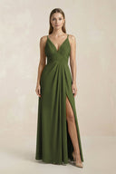 V - Neck A - Line Pleated Chiffon Bridesmaid Dress in Olive - SHE IS ME Bridesmaid Dresses