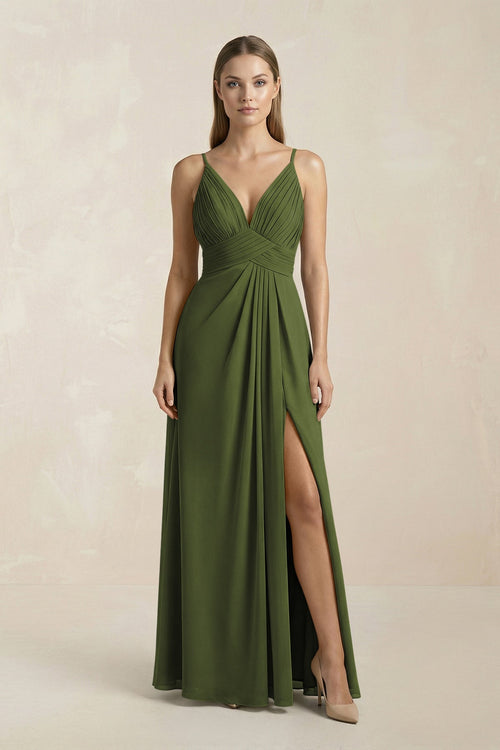 V - Neck A - Line Pleated Chiffon Bridesmaid Dress in Olive - SHE IS ME Bridesmaid Dresses