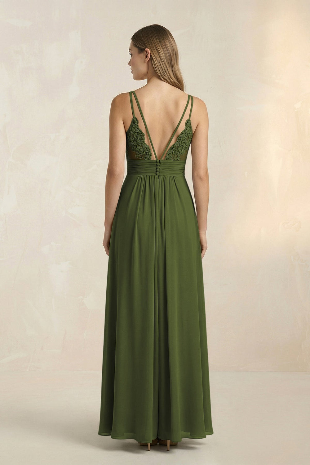 V - Neck A - Line Pleated Chiffon Bridesmaid Dress in Olive - KISS BRIDAL Bridesmaid Dresses