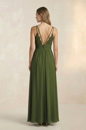 V - Neck A - Line Pleated Chiffon Bridesmaid Dress in Olive - SHE IS ME Bridesmaid Dresses