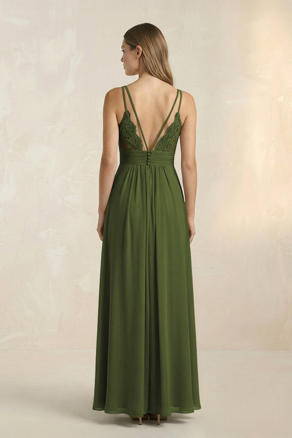 V - Neck A - Line Pleated Chiffon Bridesmaid Dress in Olive - SHE IS ME Bridesmaid Dresses