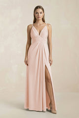 V - Neck A - Line Pleated Chiffon Bridesmaid Dress in Pale Blush - KISS BRIDAL Bridesmaid Dresses
