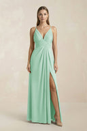 V - Neck A - Line Pleated Chiffon Bridesmaid Dress in Pale Pistachio - SHE IS ME Bridesmaid Dresses