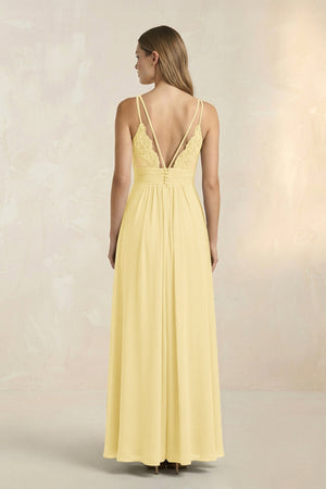 V - Neck A - Line Pleated Chiffon Bridesmaid Dress in Pastel Yellow - SHE IS ME Bridesmaid Dresses