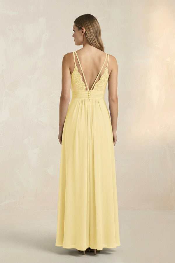 V - Neck A - Line Pleated Chiffon Bridesmaid Dress in Pastel Yellow - SHE IS ME Bridesmaid Dresses